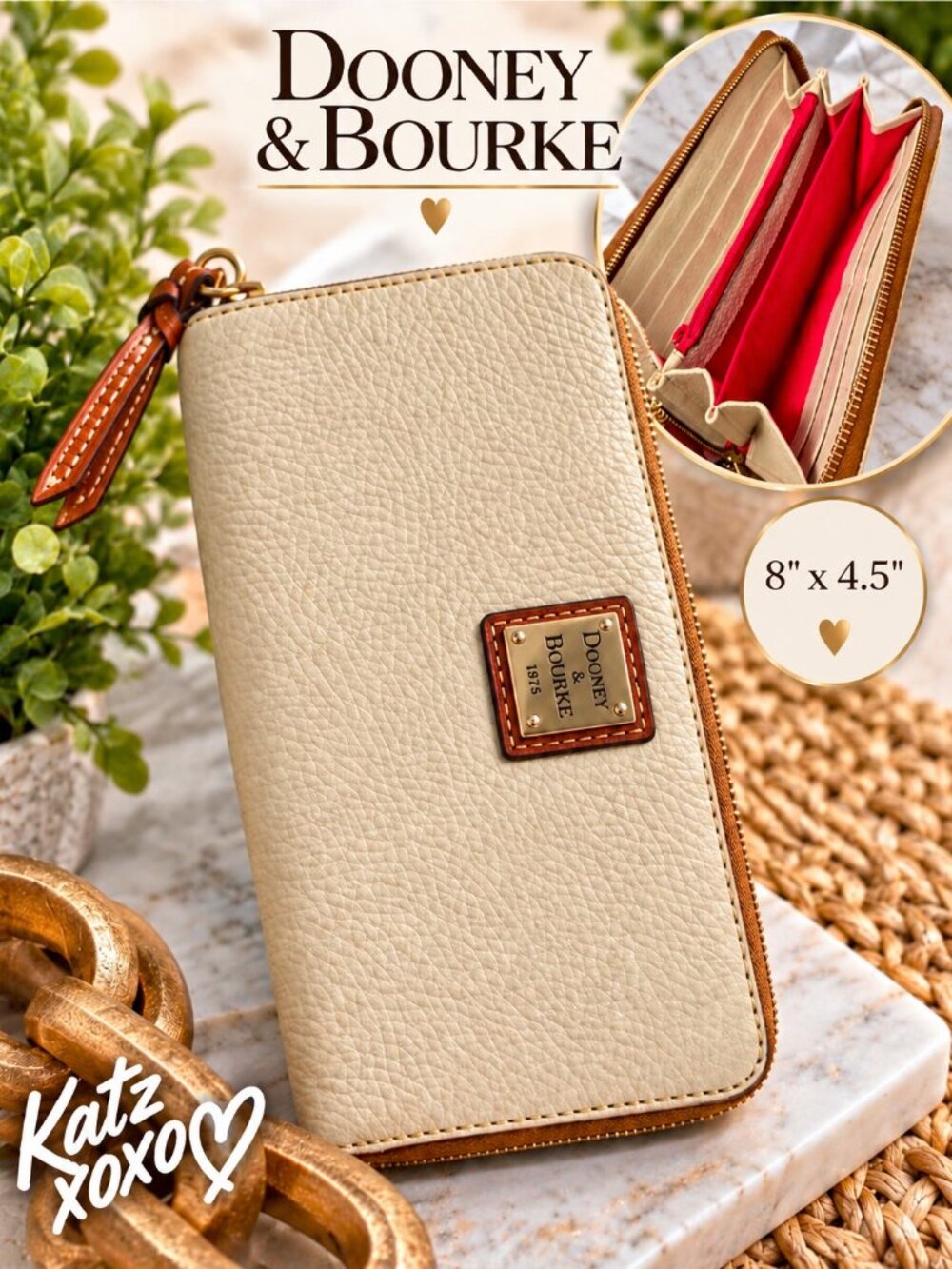 Dooney & Bourke Pebble Grain Wallet Bone Cream Leather Large Zip Around Large